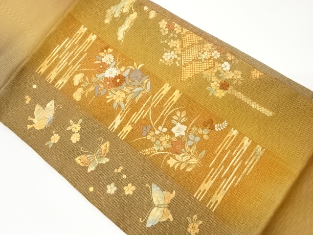 金彩縞に秋草・蝶模様刺繍名古屋帯